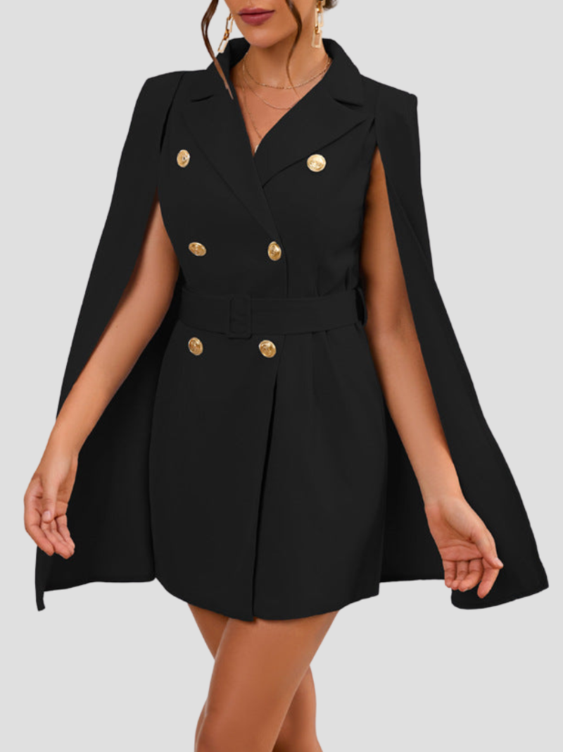Women's Cape Blazer Dress – Belted Gold Button Formal Dress