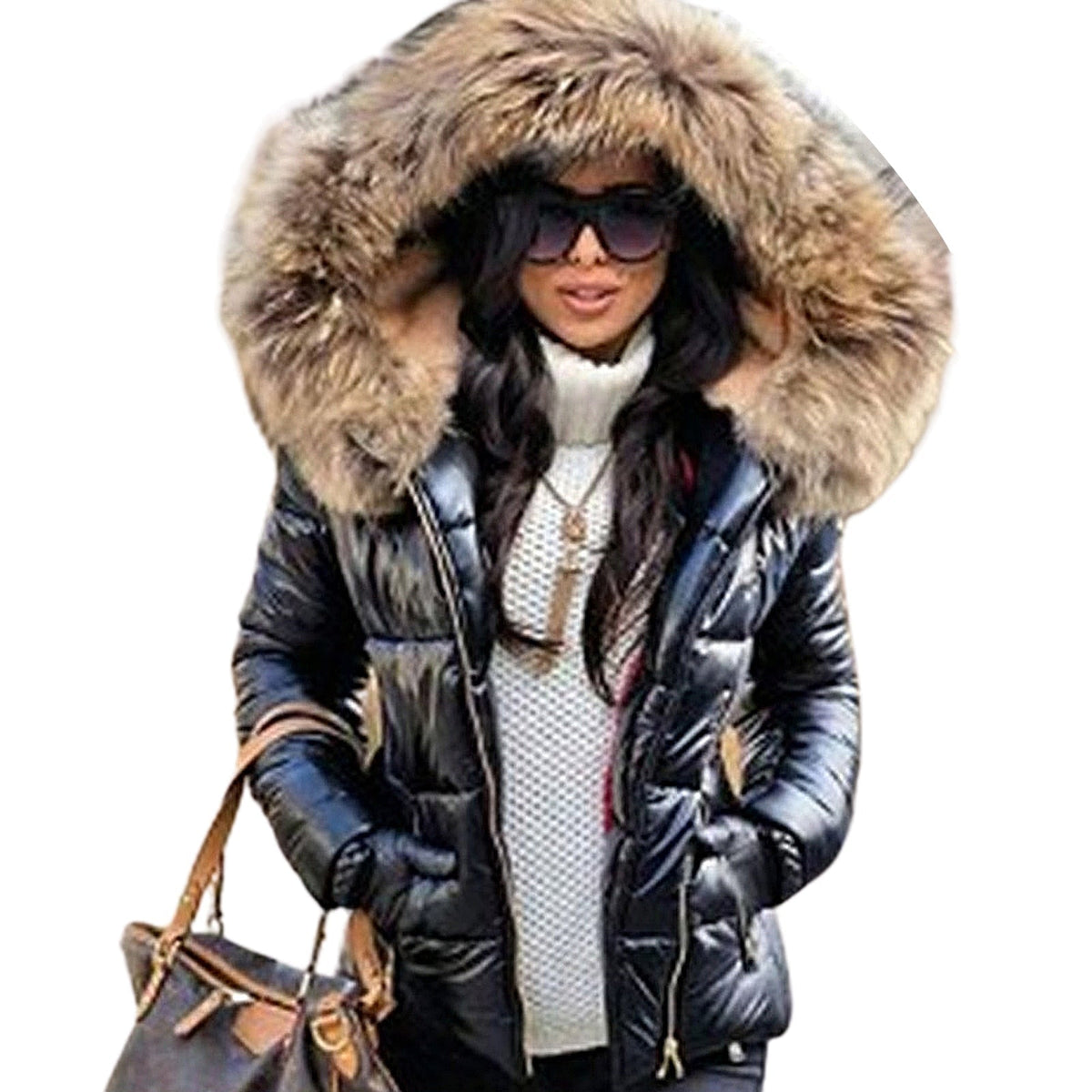 Women's Hooded Puffer Jacket – Faux Fur Trim Insulated Winter Coat