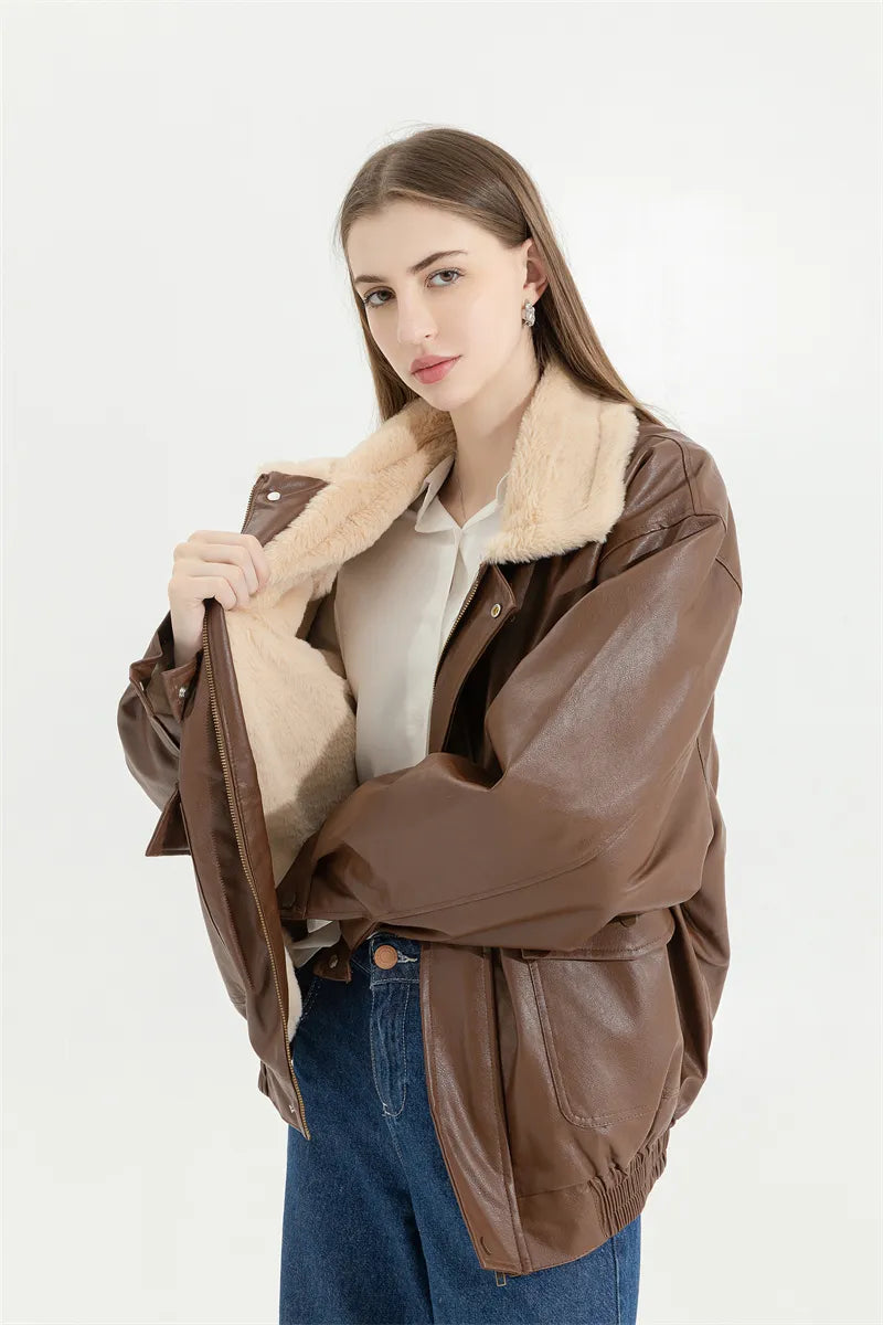 Women's Faux Leather Winter Jacket – Fleece Lined Oversized Coat