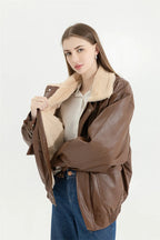 Women's Faux Leather Winter Jacket – Fleece Lined Oversized Coat