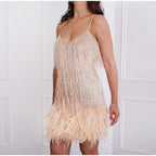 Women's Sequin Feather Cocktail Dress – Spaghetti Strap Fringe Party Dress