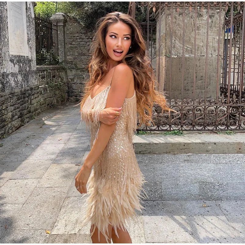 Women's Sequin Feather Cocktail Dress – Spaghetti Strap Fringe Party Dress