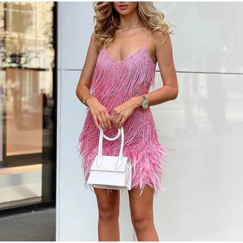 Women's Sequin Feather Cocktail Dress – Spaghetti Strap Fringe Party Dress