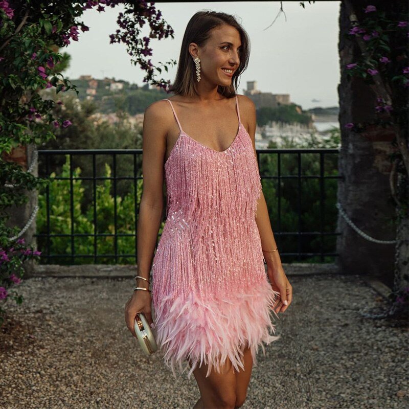 Women's Sequin Feather Cocktail Dress – Spaghetti Strap Fringe Party Dress
