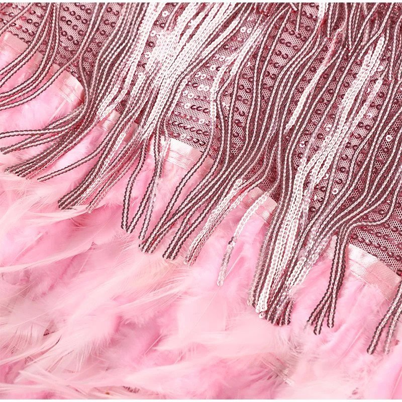 Women's Sequin Feather Cocktail Dress – Spaghetti Strap Fringe Party Dress