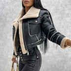 Women's Faux Leather Winter Coat – Plush Collar Moto Jacket