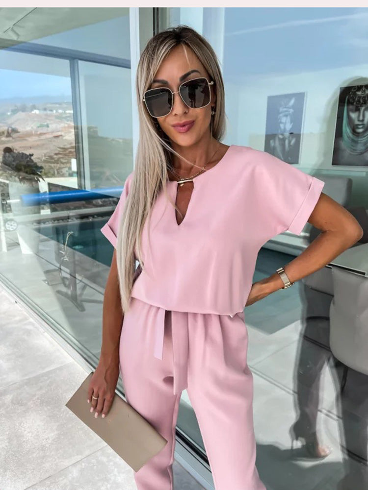 Women's Short Sleeve Wide Leg Jumpsuit – Tie Waist Round Neck Jumpsuit