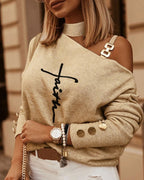 Women's Off-Shoulder Sweater – Chain Strap Button Detail Knit Sweater