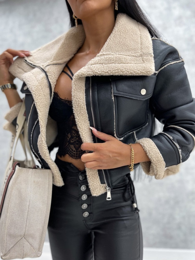 Women's Faux Leather Winter Coat – Zip-Up Pocket Jacket