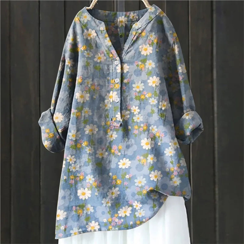 Women's Floral Blouse with Split Neckline and Loose Fit