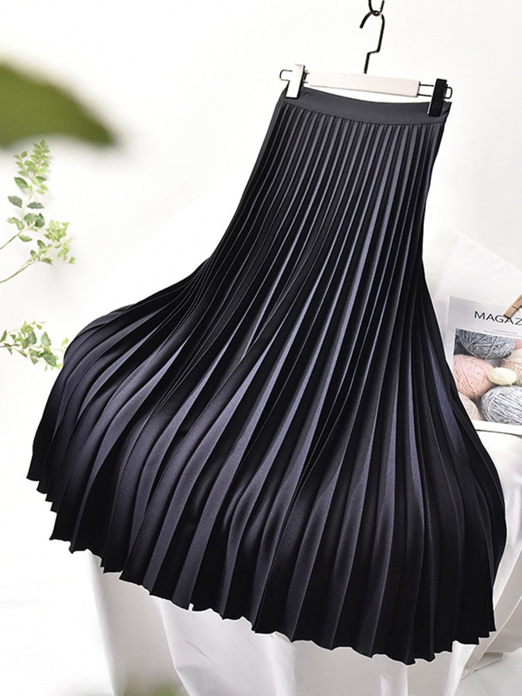 Women's High Waist Pleated Skirt – A-Line Midi Skirt