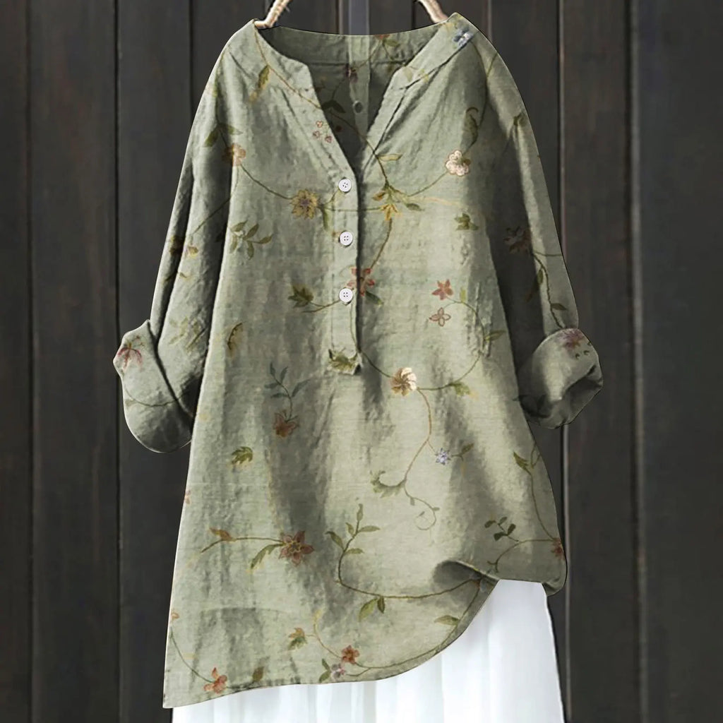 Women's Floral Blouse with Split Neckline and Loose Fit