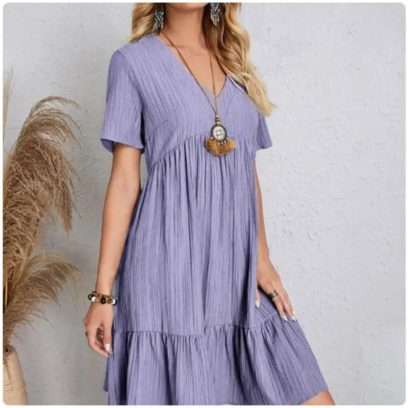 Women's V-Neck Summer Dress – Short Sleeve Ruffle Flowy Dress
