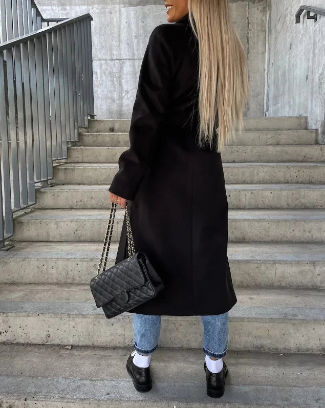 Women's Long Lapel Coat – Button Front Tailored Overcoat