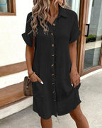 Women's Vintage V-Neck Dress – Three-Quarter Sleeve Flowy Dress