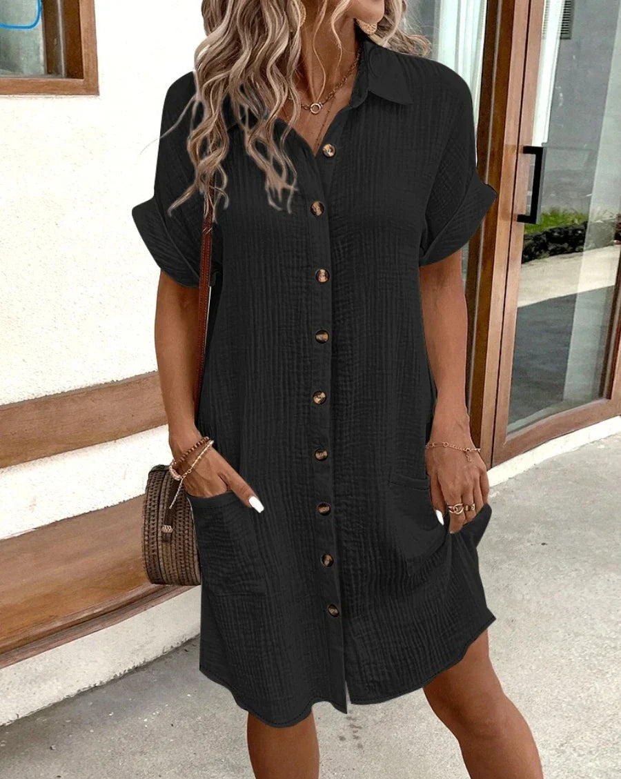 Women's Vintage V-Neck Dress – Three-Quarter Sleeve Flowy Dress