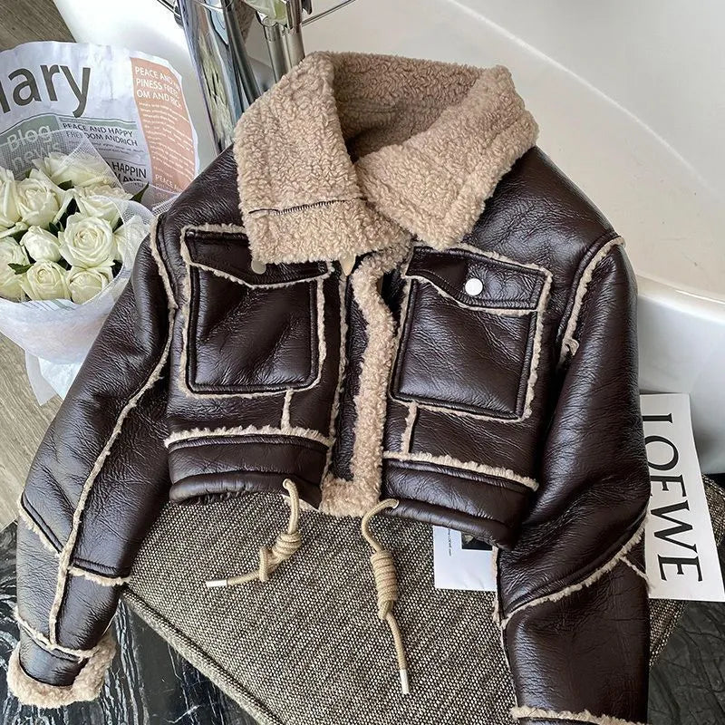 Women's Faux Leather Winter Coat – Plush Collar Moto Jacket