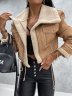 Women's Shearling Style Jacket – Zip-Up Pocket Winter Coat