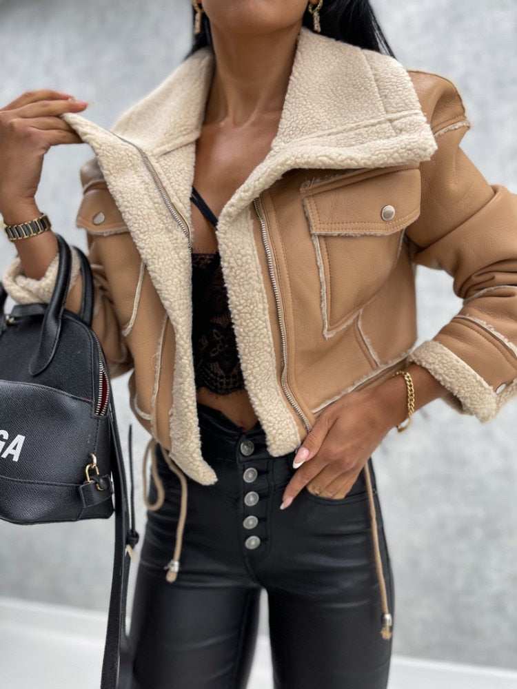 Women's Faux Leather Winter Coat – Zip-Up Pocket Jacket
