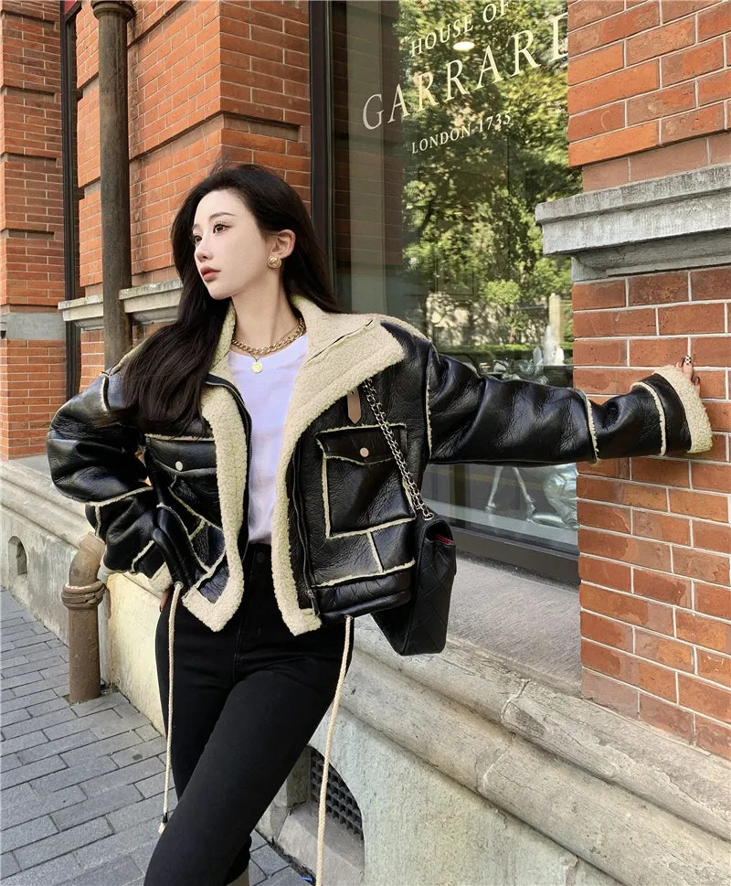 Women's Faux Leather Winter Coat – Plush Collar Moto Jacket