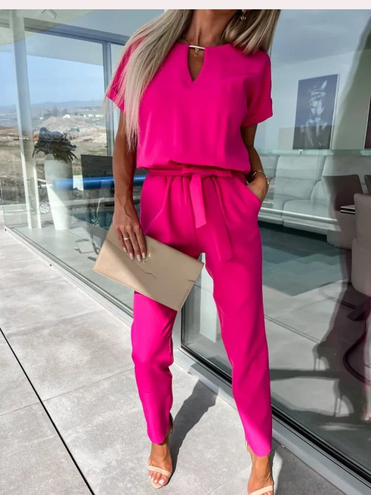 Women's Short Sleeve Wide Leg Jumpsuit – Tie Waist Round Neck Jumpsuit