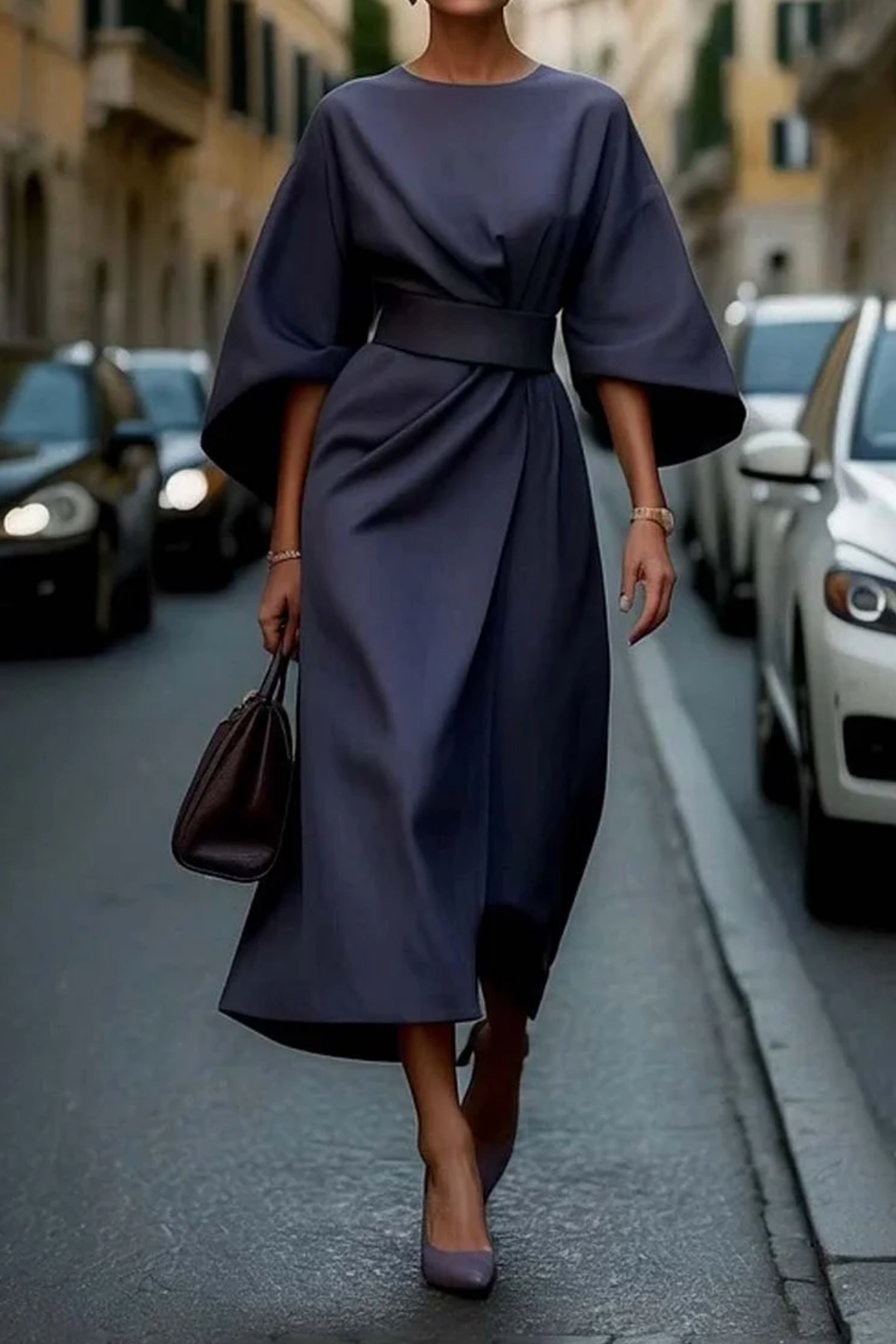 Women's Office Midi Dress – Belted Casual Dress