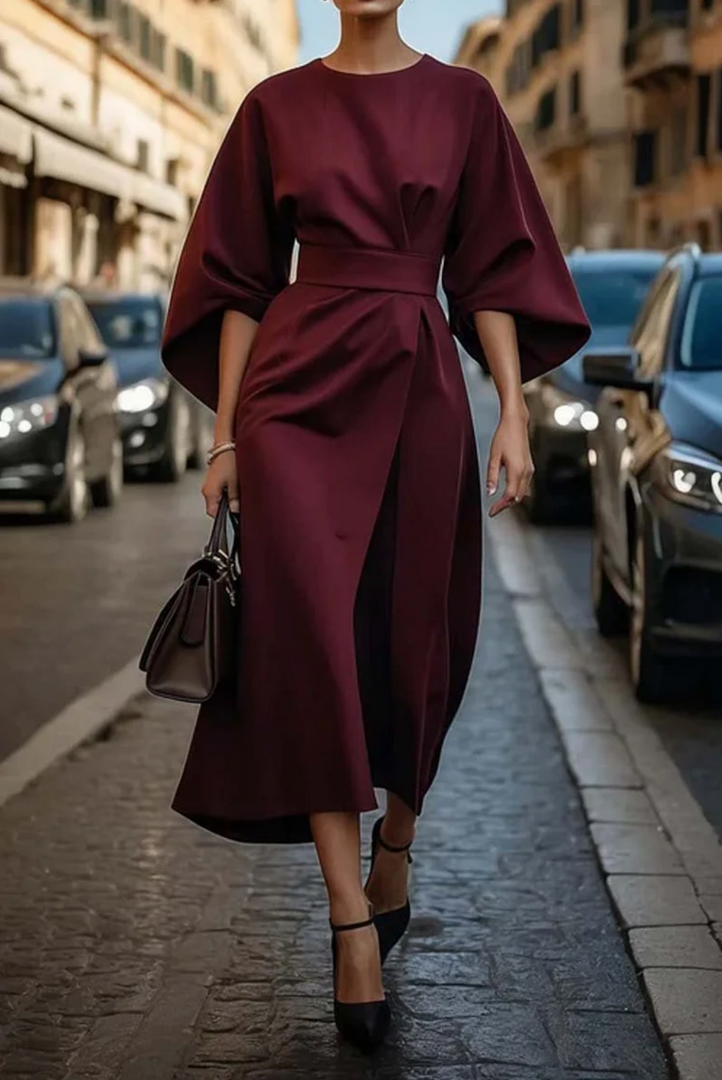 Women's Office Midi Dress – Belted Casual Dress