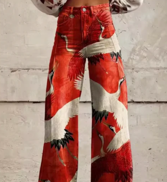 Women's Printed Wide Leg Summer Pants – Colourful Relaxed Casual Trousers