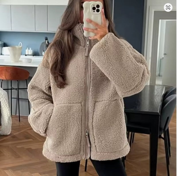Women's Oversized Fleece Jacket – Stand Collar Zip-Up Winter Jacket