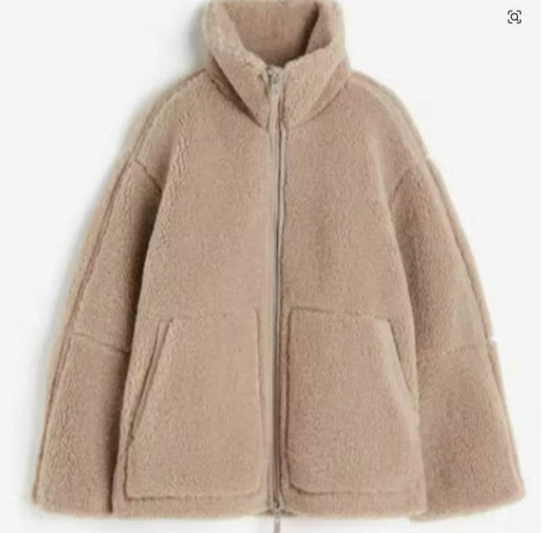 Women's Oversized Fleece Jacket – Stand Collar Zip-Up Winter Jacket