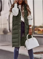 Women's Long Hooded Puffer Vest – Sleeveless Quilted Pocket Bodywarmer