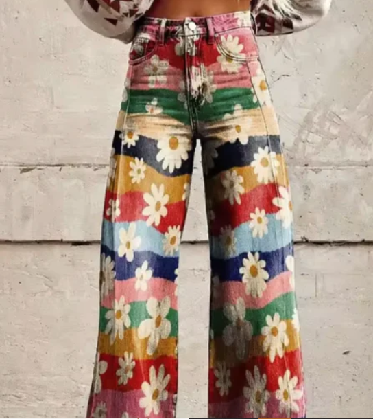 Women's Printed Wide Leg Summer Pants – Colourful Relaxed Casual Trousers