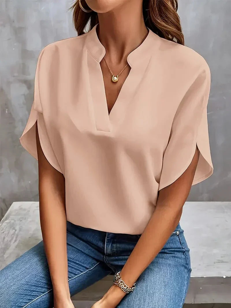 Women's Side Slit V-Neck Blouse – Relaxed Flowy Longline Blouse