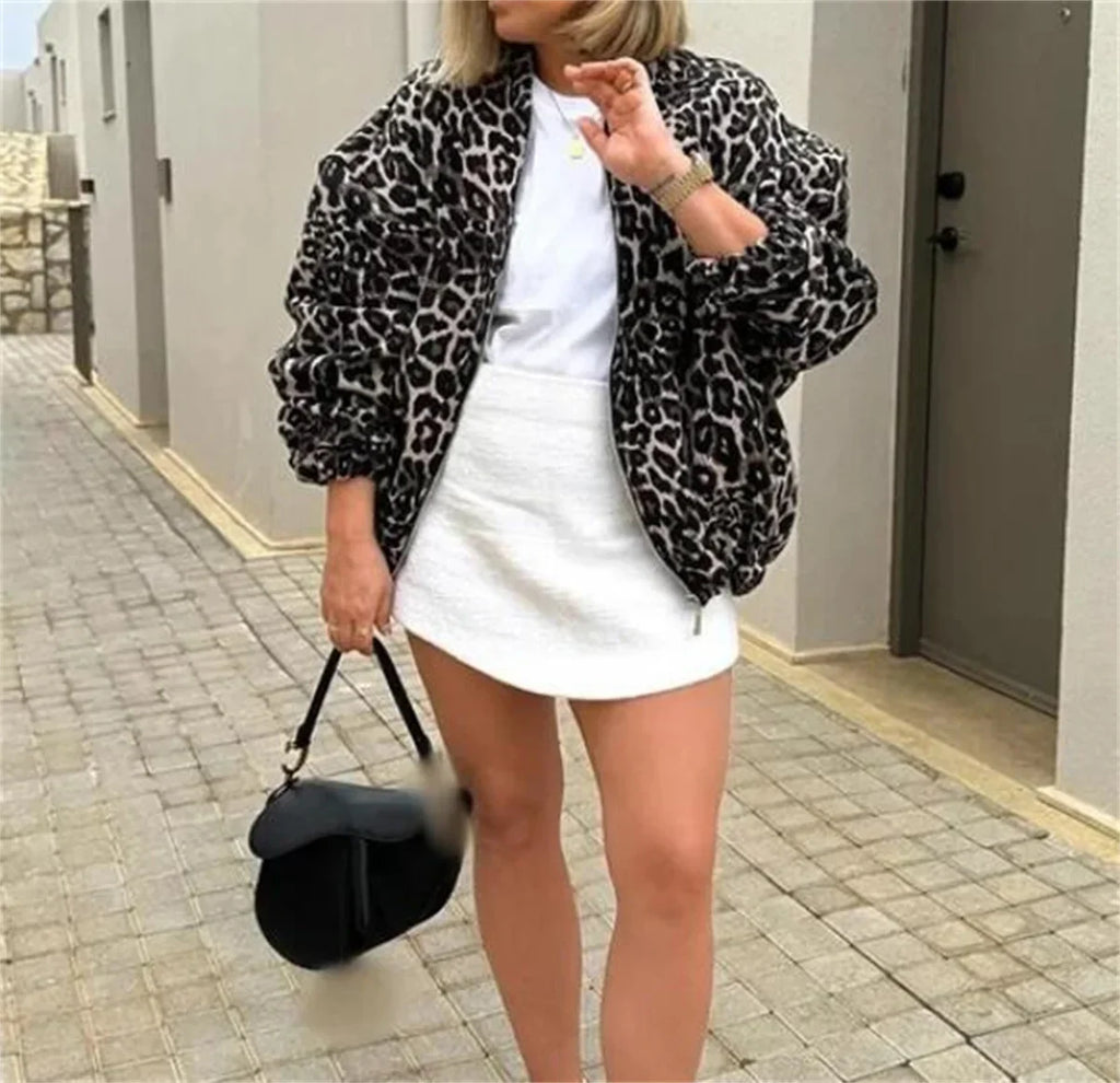 Women's Leopard Print Bomber Jacket – Zip-Up Animal Print Jacket