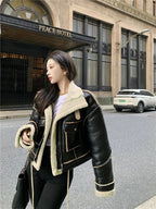 Women's Faux Leather Winter Coat – Plush Collar Moto Jacket