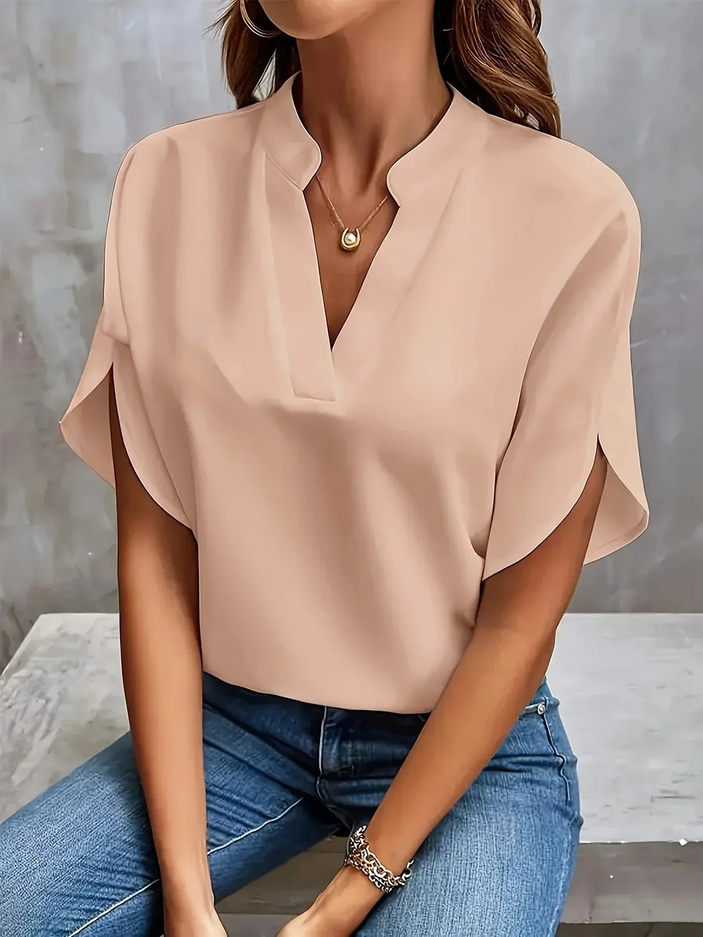 Women's V Neck Blouse with Flutter Sleeves and Loose Fit