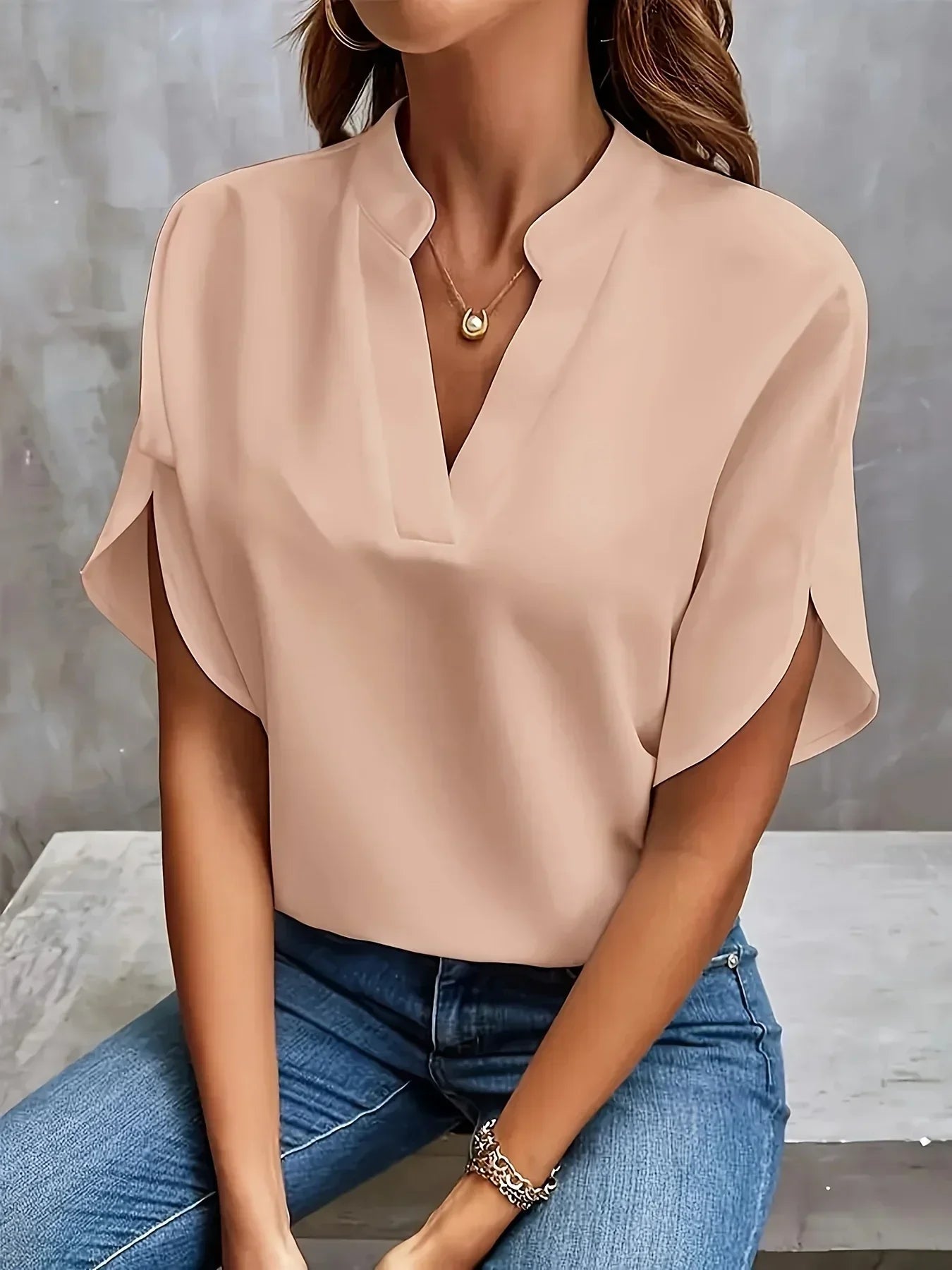 Women's V Neck Blouse with Flutter Sleeves and Loose Fit