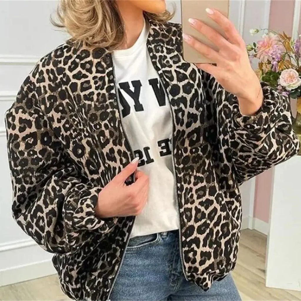 Women's Leopard Print Bomber Jacket – Zip-Up Animal Print Jacket