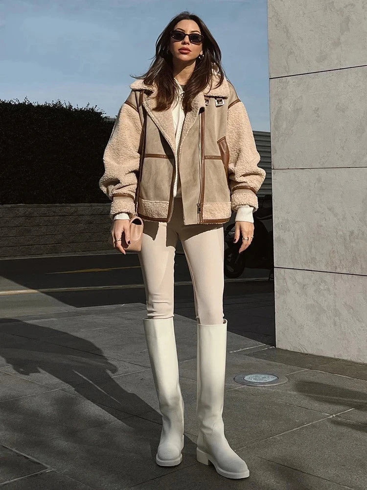Women's Patchwork Fleece Jacket – Relaxed Zip-Up Winter Jacket