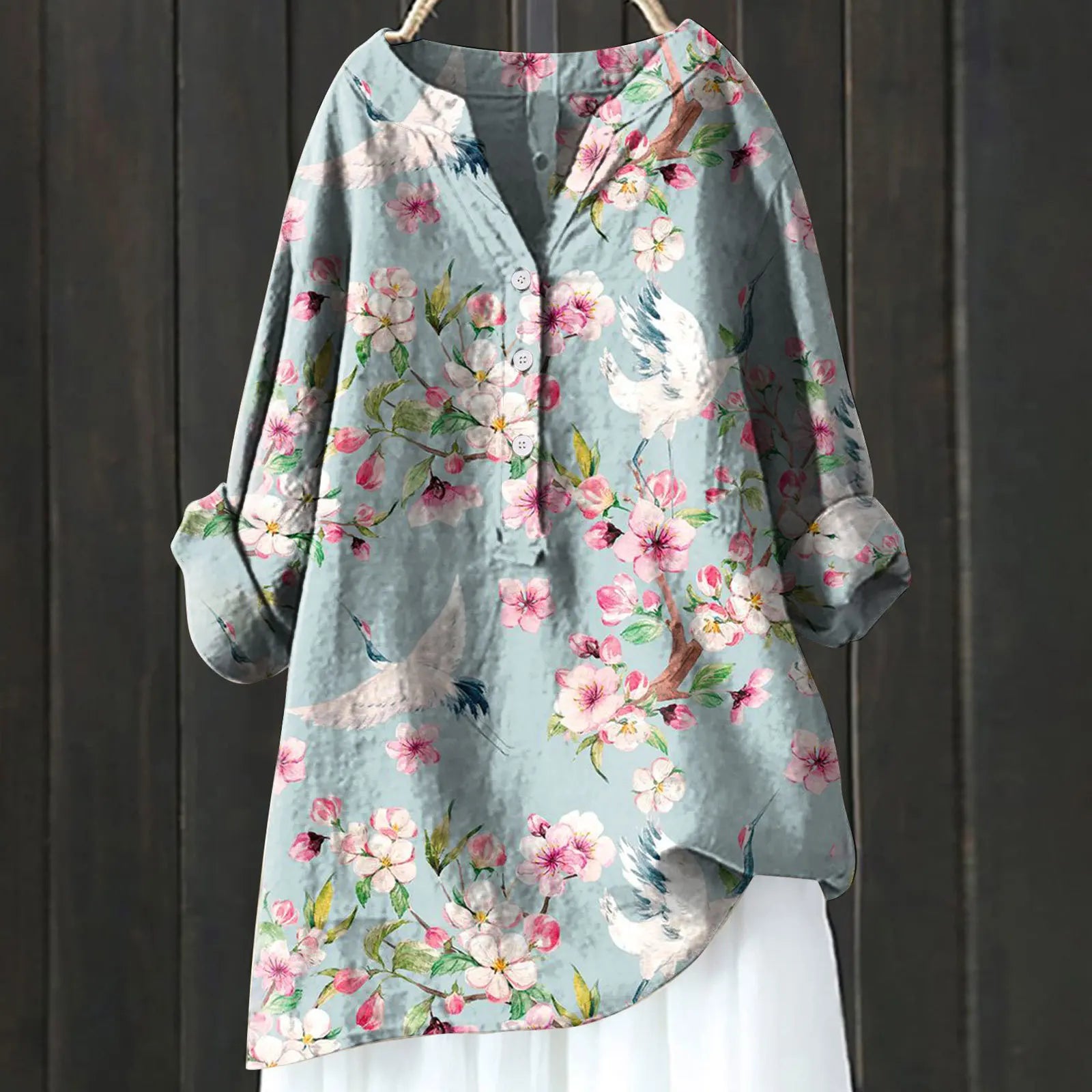 Women's Floral Blouse with Split Neckline and Loose Fit