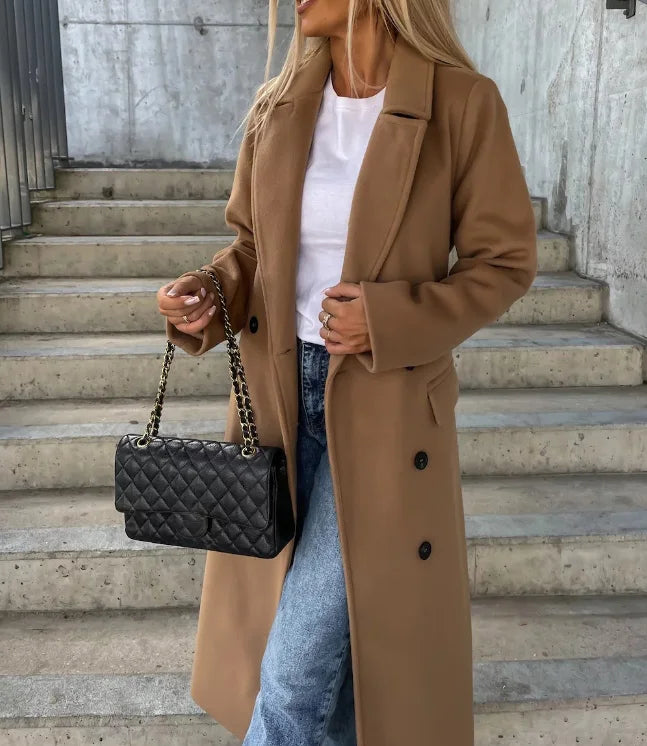 Women's Long Lapel Coat – Button Front Tailored Overcoat