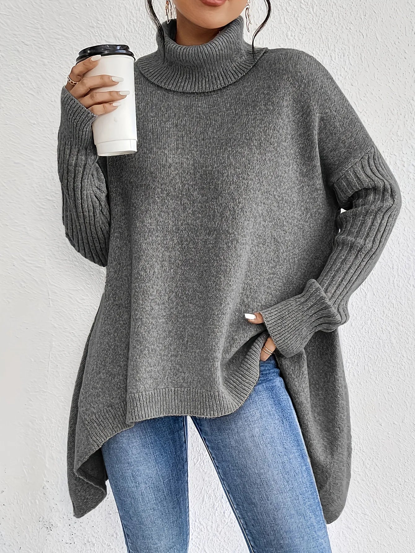 Women's Oversized High Neck Sweater – Relaxed Winter Knit Sweater