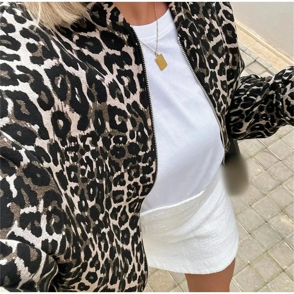 Women's Leopard Print Bomber Jacket – Zip-Up Animal Print Jacket