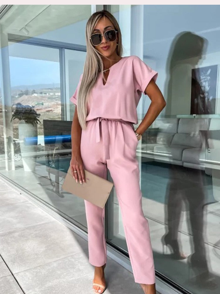 Women's Short Sleeve Wide Leg Jumpsuit – Tie Waist Round Neck Jumpsuit