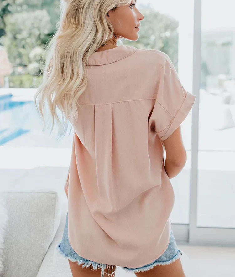 Women's Button Blouse with Utility Pocket and Turn-Up Sleeves