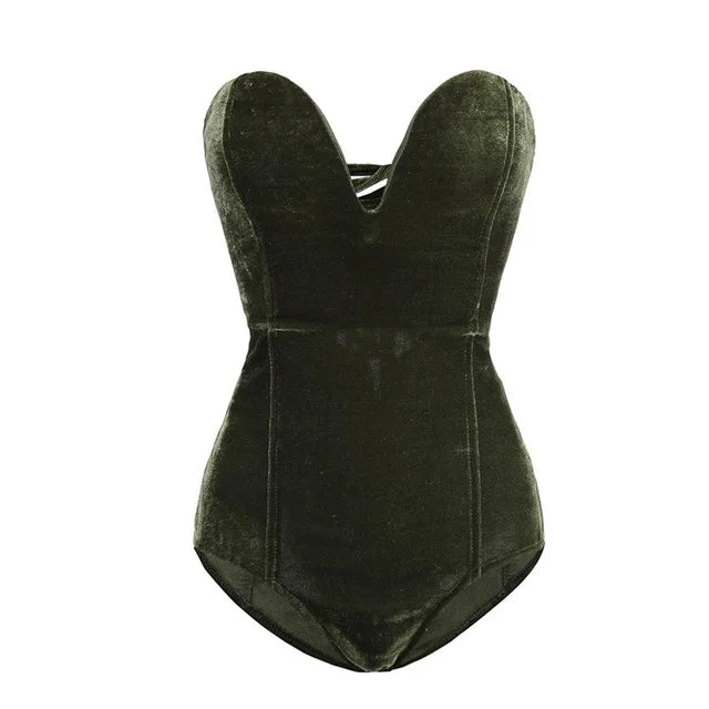 Women's Strapless Velvet Bodysuit – Burgundy Fitted Evening Bodysuit