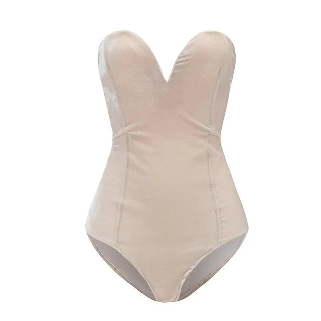 Women's Strapless Velvet Bodysuit – Burgundy Fitted Evening Bodysuit