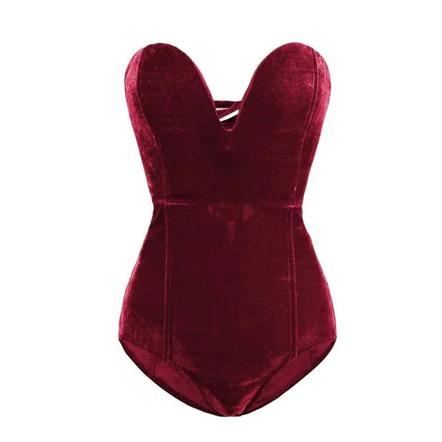 Women's Strapless Velvet Bodysuit – Burgundy Fitted Evening Bodysuit