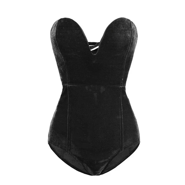 Women's Strapless Velvet Bodysuit – Burgundy Fitted Evening Bodysuit