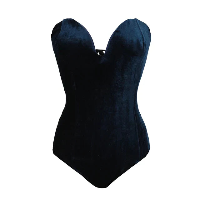 Women's Strapless Velvet Bodysuit – Burgundy Fitted Evening Bodysuit